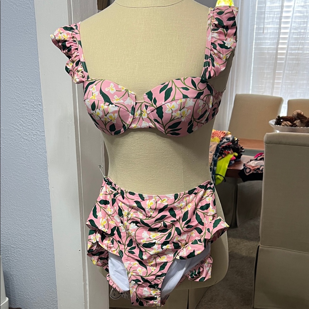 Pink Floral High-Waist Bikini Set With Coverup.
